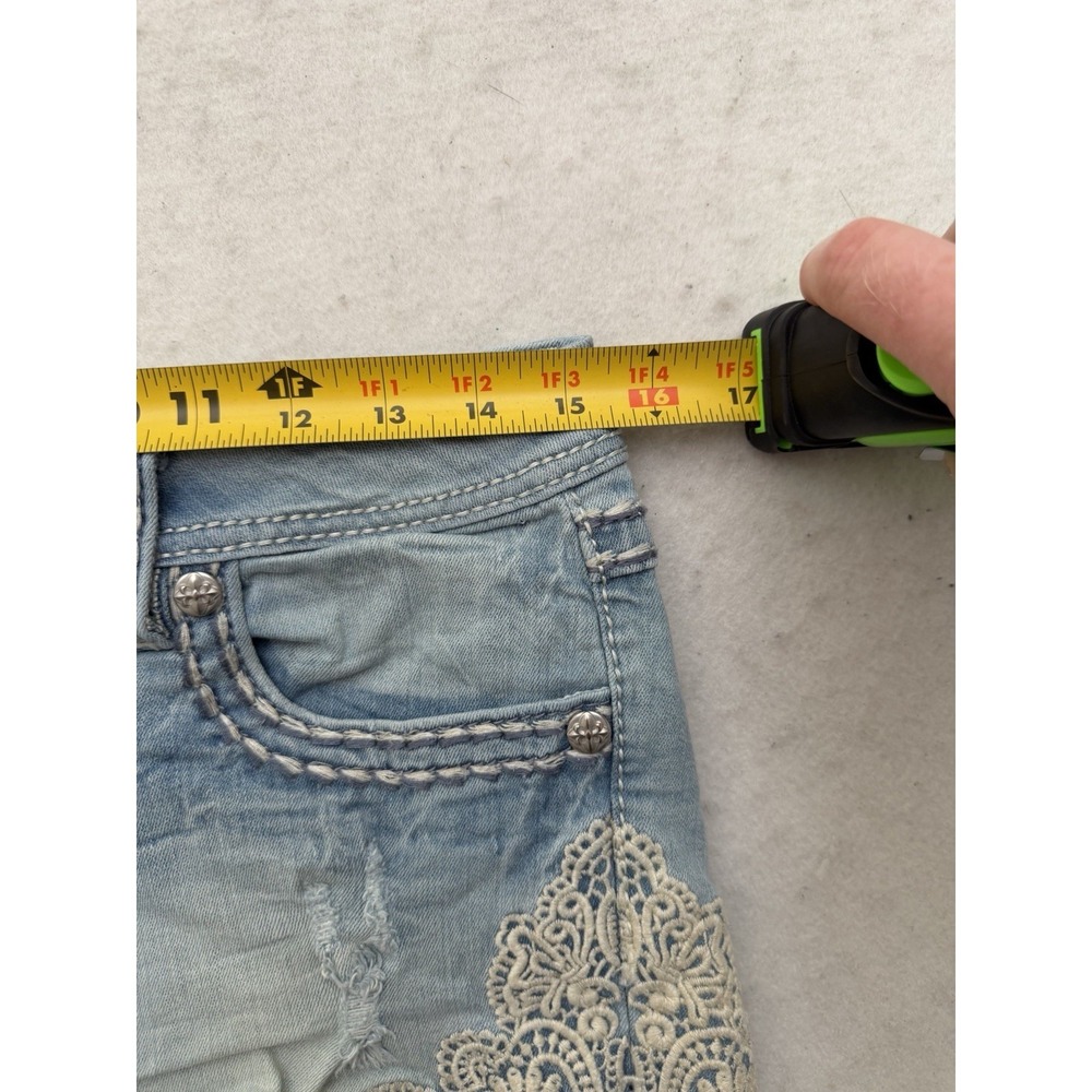 Miss Me Signature Shorts Womens 27 Blue Denim Distressed Floral Lace Applique - Picture 5 of 8